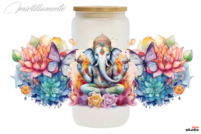 Bicchiere in vetro SATINATO con tappo in legno 500 ml - GANESHA