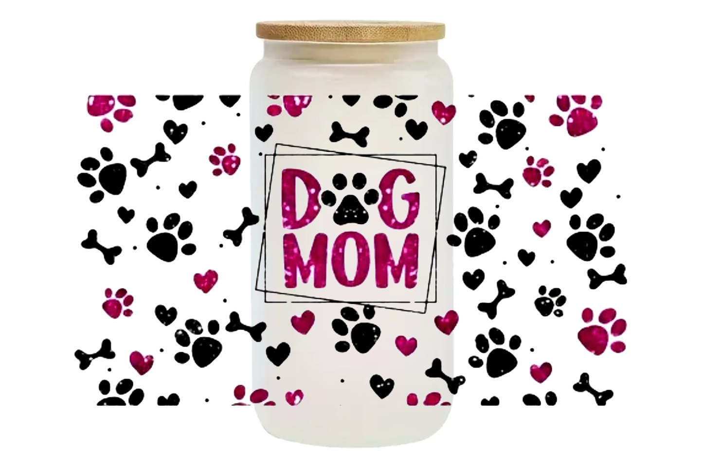 Bicchiere in vetro SATINATO con tappo in legno 500 ml - DOG MOM