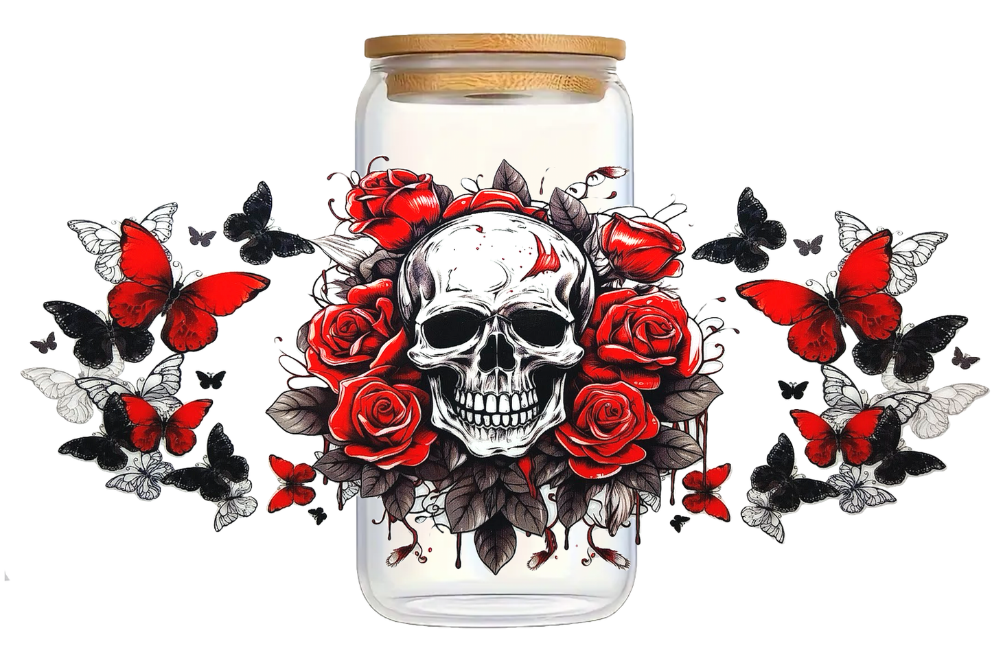 Bicchiere in vetro con tappo in legno 350 ml - SKULL & ROSES