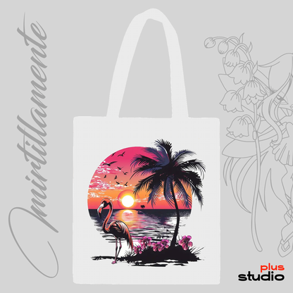 BAGS - Shopping Bag Canvas White: Sunset Flamingo