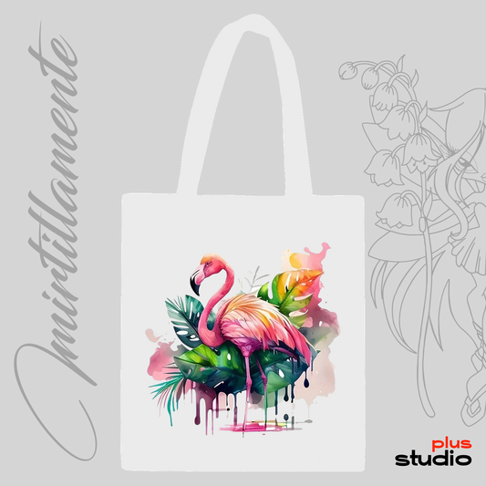 BAGS - Shopping Bag Canvas White: Watercolor Flamingo