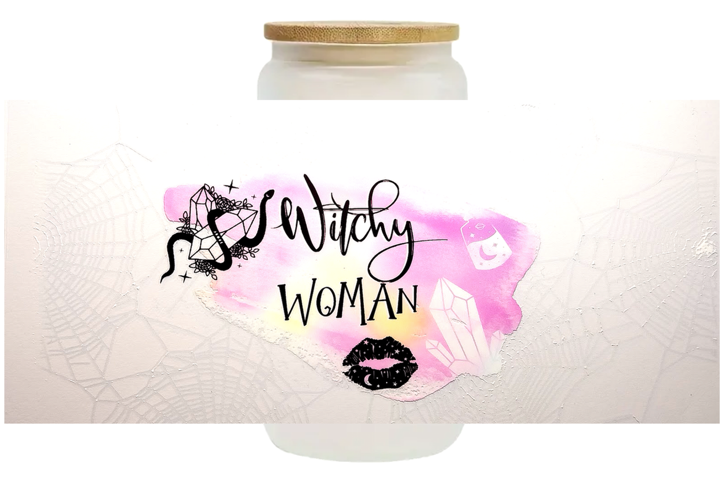 Bicchiere in vetro SATINATO con tappo in legno 500 ml - WITCHY WOMAN