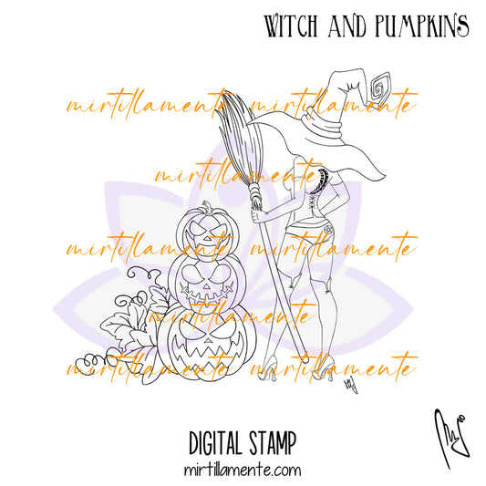 Nature: WITCH AND PUMPKINS - digital stamp